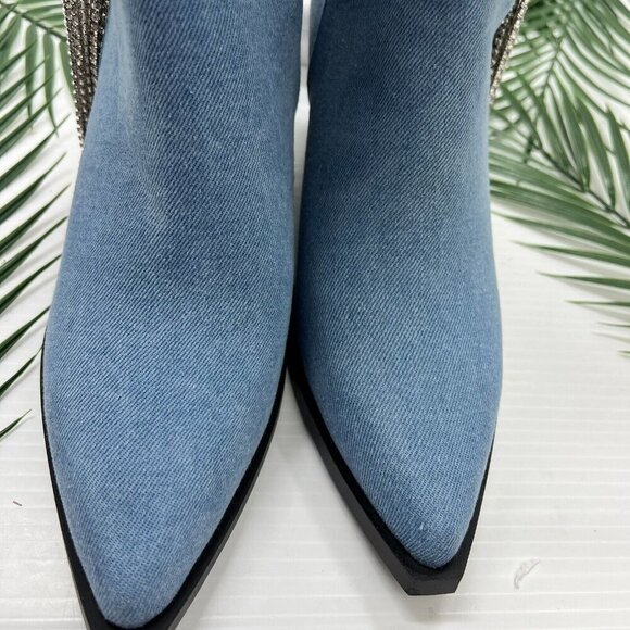 Azalea Wang Blue Denim Rhinestone Fringed Wide Calf Ankle Boots Size 7 Cowboy - Picture 4 of 13